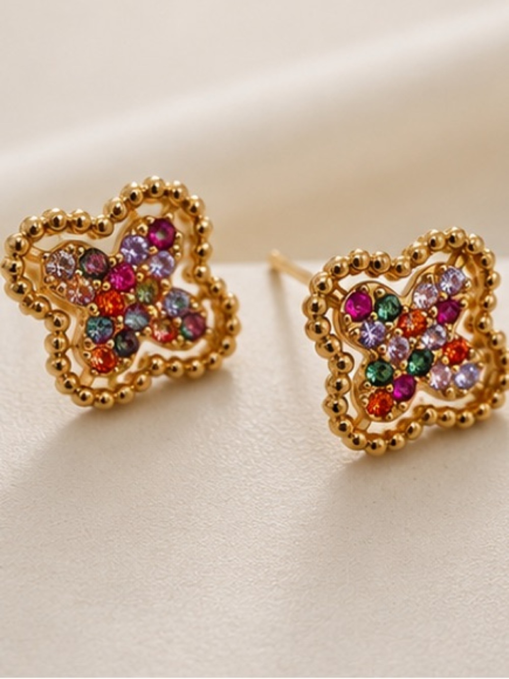 Luxe Gold Rainbow Crystal Clover Stud Earrings